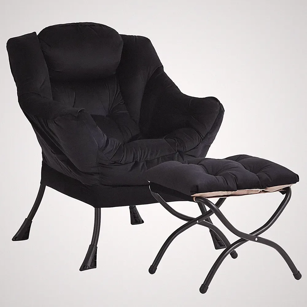 Lazy Chair and Ottoman, Black Velvet Large Accent Chair with a Side Pocket, M...