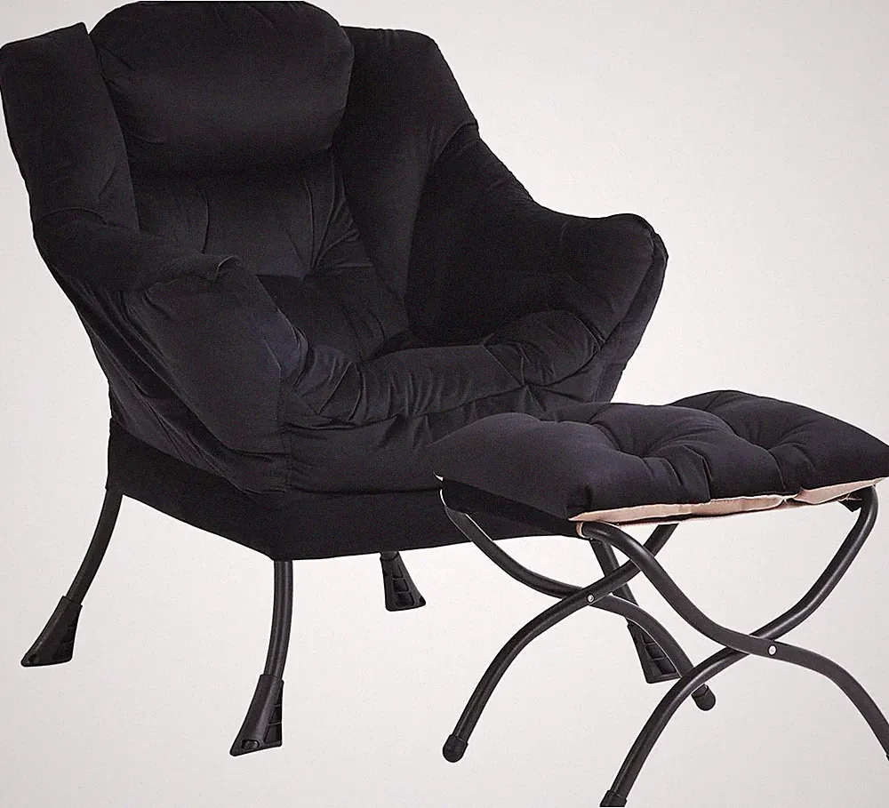 Lazy Chair and Ottoman, Black Velvet Large Accent Chair with a Side Pocket, Mode