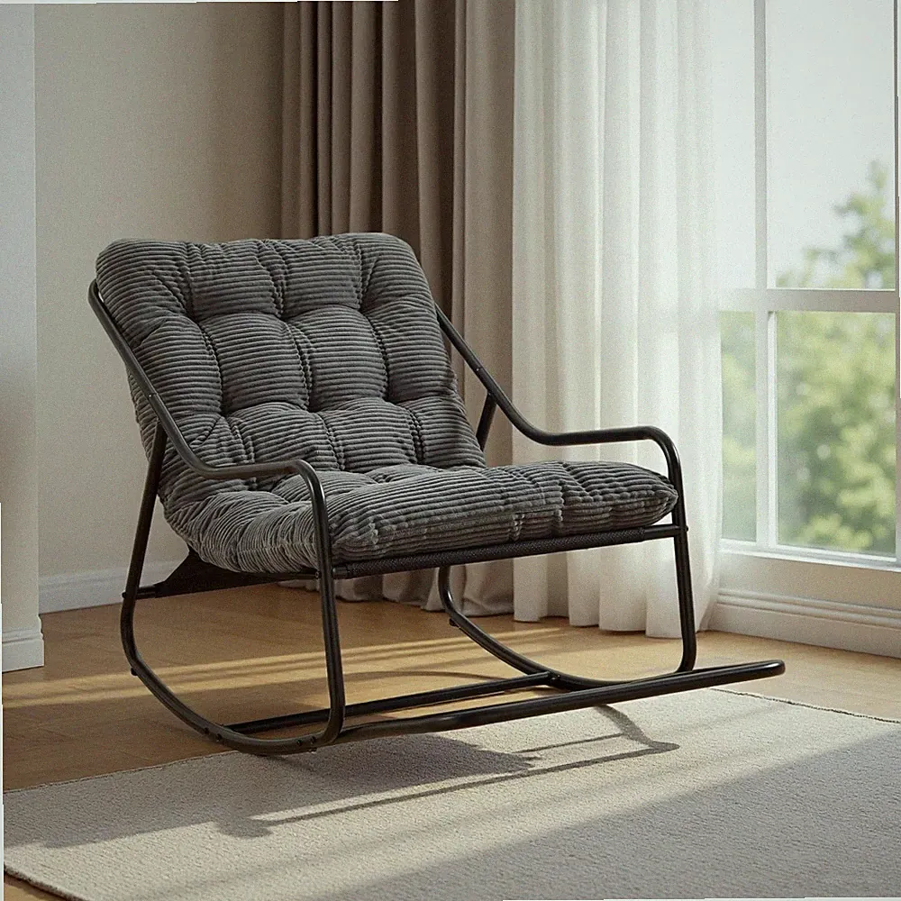 Outdoor Rocking Chair, Patio Recliner Chair with Black Metal Frame & Soft Thi...