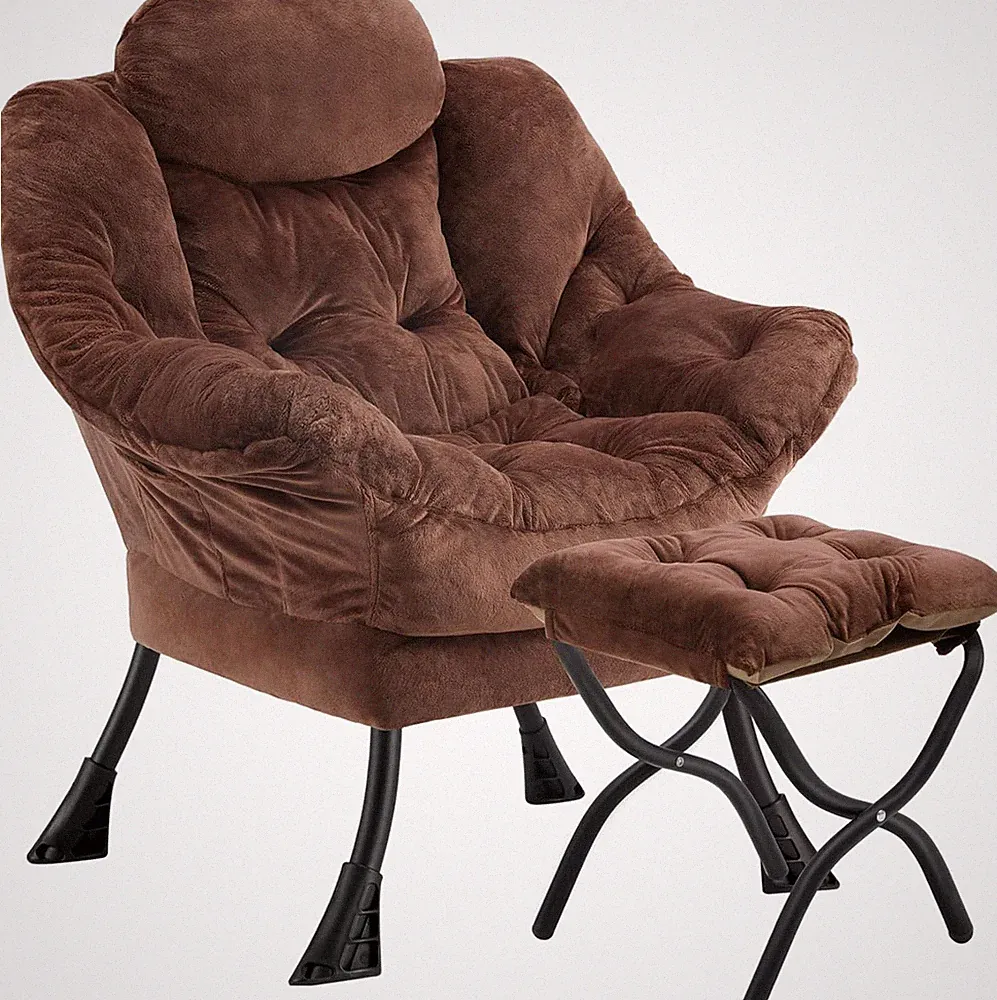 Plush Dark Brown Lazy Chair with Folding Ottoman & Side Pockets for Comfort