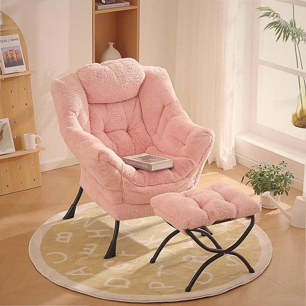 Plush Pink Lazy Chair with Ottoman - Modern Lounge Accent for Comfort