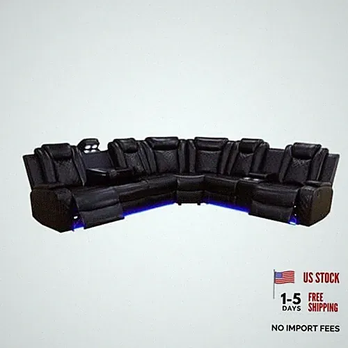 Reclining Sectional, Power Sectional Couch, Leather Sofa Set for Living Black