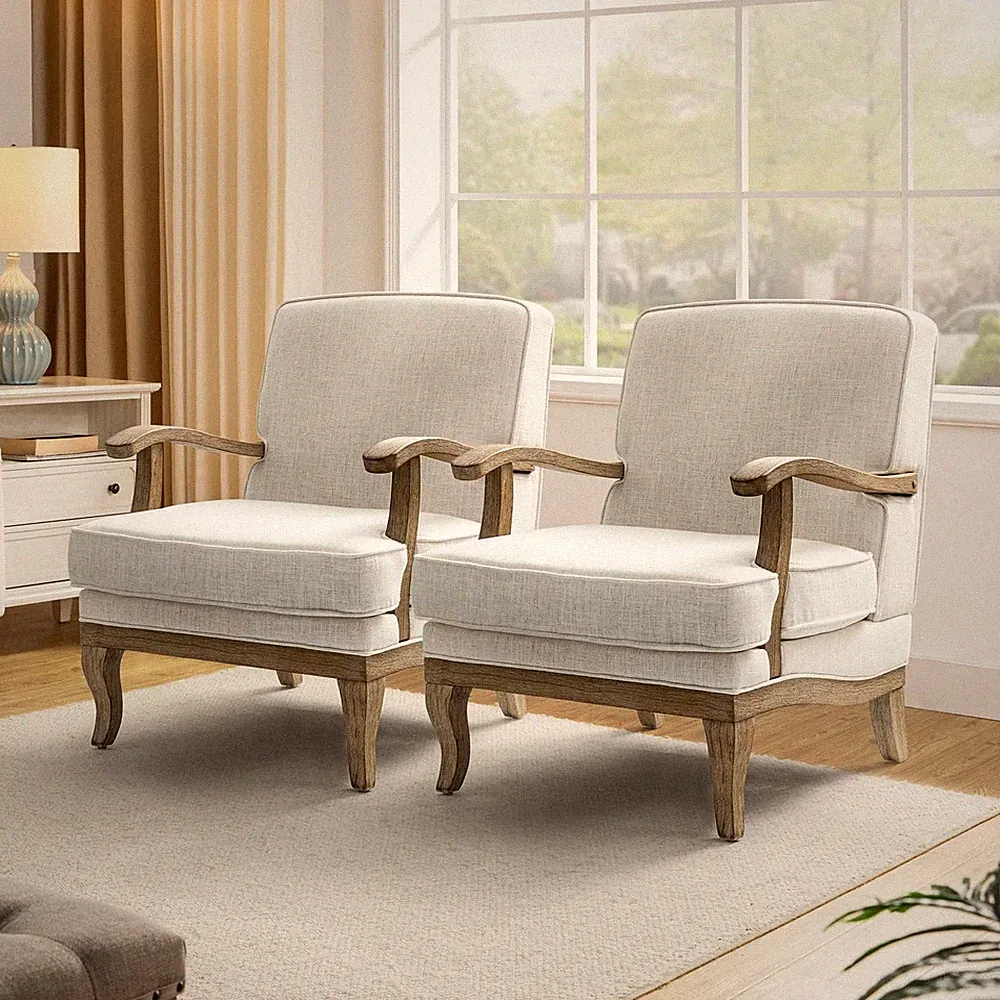 Set of 2 Mid-Century Modern Accent Chairs, Ivory Upholstered Lounge Chairs