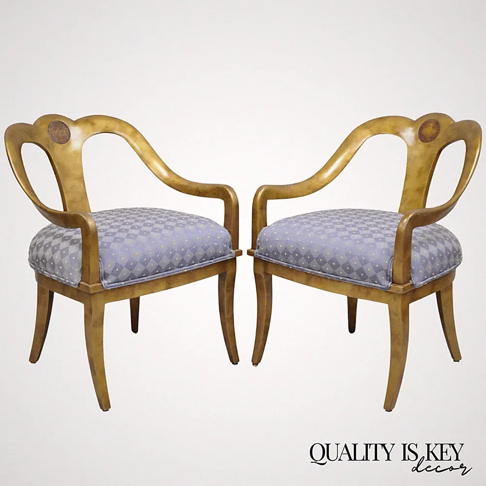 Vintage Italian Hollywood Regency Gold Gilt Wood Saber Leg Lounge Chairs - Pair